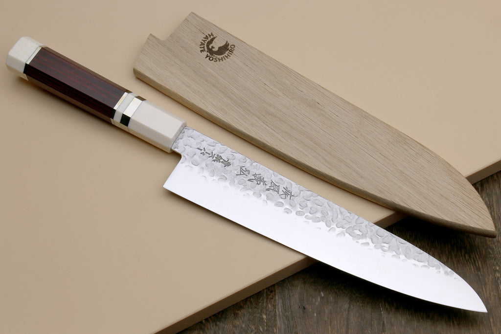 Chef's gyuto knife with hammered stainless blade, rosewood handle, ivory bolster