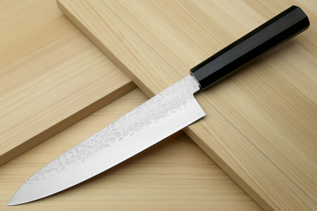Yoshihiro Super Blue Steel Stainless Clad Hammered Gyuto Chefs Knife Ebony Handle (Blade Length 9.5" (240mm))