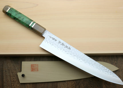Yoshihiro Super Blue Steel Stainless Clad Hammered Gyuto Chefs Knife Stabilized Maple Burl Handle