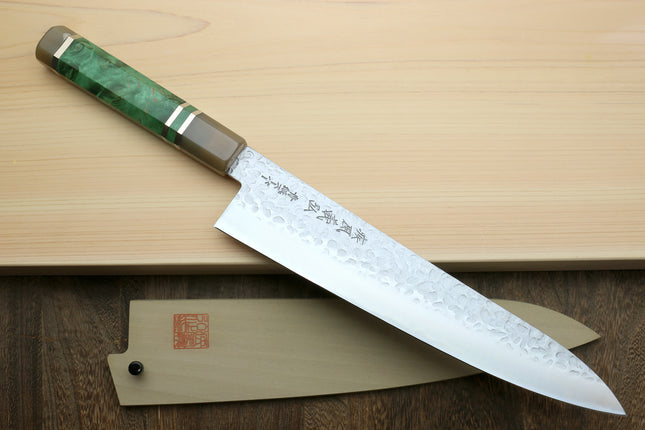 Yoshihiro Super Blue Steel Stainless Clad Hammered Gyuto Chefs Knife Stabilized Maple Burl Handle