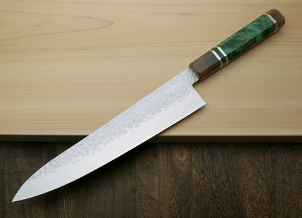 Yoshihiro Super Blue Steel Stainless Clad Hammered Gyuto Chefs Knife Stabilized Maple Burl Handle