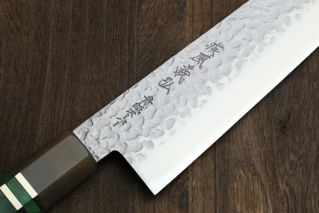 Yoshihiro Super Blue Steel Stainless Clad Hammered Gyuto Chefs Knife Stabilized Handle 240mm 9.5 inch