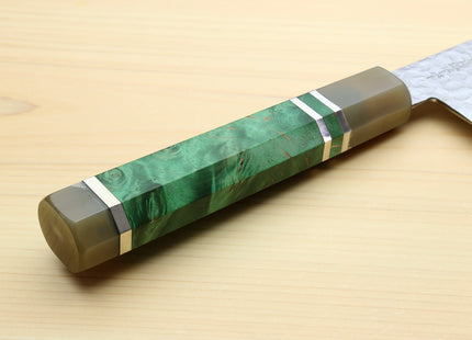 Yoshihiro Super Blue Steel Stainless Clad Hammered Gyuto Chefs Knife Stabilized Maple Burl Handle