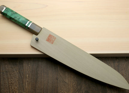 Yoshihiro Super Blue Steel Stainless Clad Hammered Gyuto Chefs Knife Stabilized Maple Burl Handle