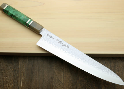 Yoshihiro Super Blue Steel Stainless Clad Hammered Gyuto Chefs Knife Stabilized Maple Burl Handle