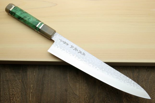 Yoshihiro Super Blue Steel Stainless Clad Hammered Gyuto Chefs Knife Stabilized Maple Burl Handle