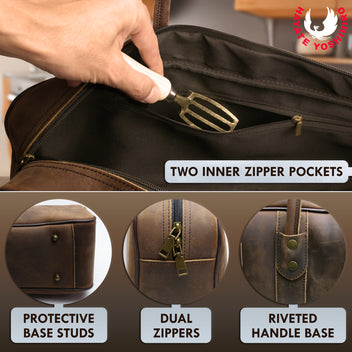 Brown leather knife bag showing dual inner zip pockets and riveted handle base