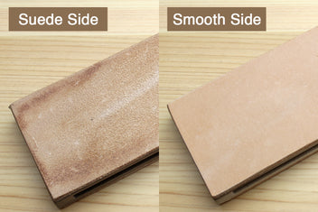 Two-sided leather strop showing suede side and smooth side in tan leather.