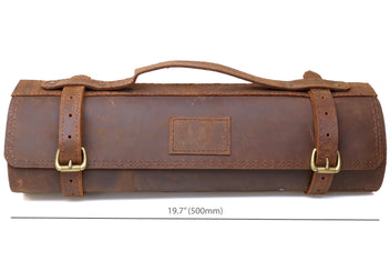 Brown leather knife roll case with carry handle and front strap buckles
