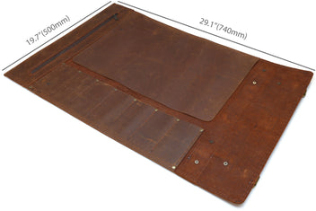 Brown leather knife roll case laid open with three long interior pockets