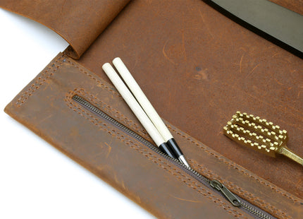 Yoshihiro Genuine Natural Leather Knife Culinary Roll Storage Bag Case Brown