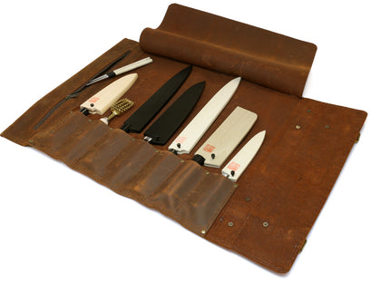Yoshihiro Genuine Natural Leather Knife Culinary Roll Storage Bag Case Brown