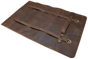 Brown leather knife roll case laid flat with front strap, buckle, and interior divider.