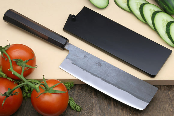 Yoshihiro Kurouchi Black-Forged Blue Steel Stainless Clad Nakiri Japanese Vegetable Knife (Rosewood Handle)