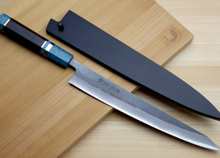 Yoshihiro Kurouchi Black-Forged Blue Steel Stainless Clad Sujihiki Kiritsuke Slicer Knife (Turquoise Blue Handle) — 9.5" (240mm)
