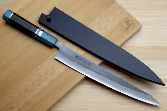 Yoshihiro Kurouchi Black-Forged Blue Steel Stainless Clad Sujihiki Kiritsuke Slicer Knife (Turquoise Blue Handle) — 9.5" (240mm)