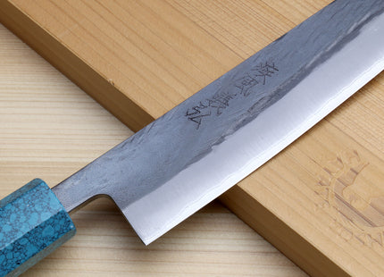 Yoshihiro Kurouchi Black-Forged Blue Steel Stainless Clad Sujihiki Kiritsuke Slicer Knife (Turquoise Blue Handle) — 9.5" (240mm)