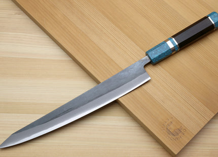 Yoshihiro Kurouchi Black-Forged Blue Steel Stainless Clad Sujihiki Kiritsuke Slicer Knife (Turquoise Blue Handle) — 9.5" (240mm)