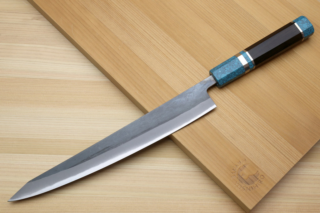 Yoshihiro Kurouchi Black-Forged Blue Steel Stainless Clad Sujihiki Kiritsuke Slicer Knife (Turquoise Blue Handle) — 9.5" (240mm)