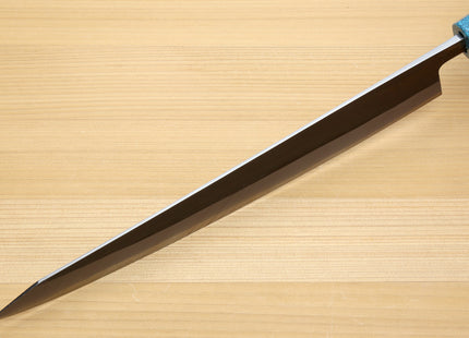 Yoshihiro Kurouchi Black-Forged Blue Steel Stainless Clad Sujihiki Kiritsuke Slicer Knife (Turquoise Blue Handle) — 9.5" (240mm)