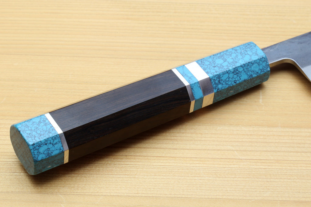 Yoshihiro Kurouchi Black-Forged Blue Steel Stainless Clad Sujihiki Kiritsuke Slicer Knife (Turquoise Blue Handle) — 9.5" (240mm)