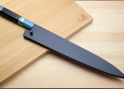 Yoshihiro Kurouchi Black-Forged Blue Steel Stainless Clad Sujihiki Kiritsuke Slicer Knife (Turquoise Blue Handle) — 9.5" (240mm)