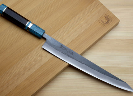 Yoshihiro Kurouchi Black-Forged Blue Steel Stainless Clad Sujihiki Kiritsuke Slicer Knife (Turquoise Blue Handle) — 9.5" (240mm)