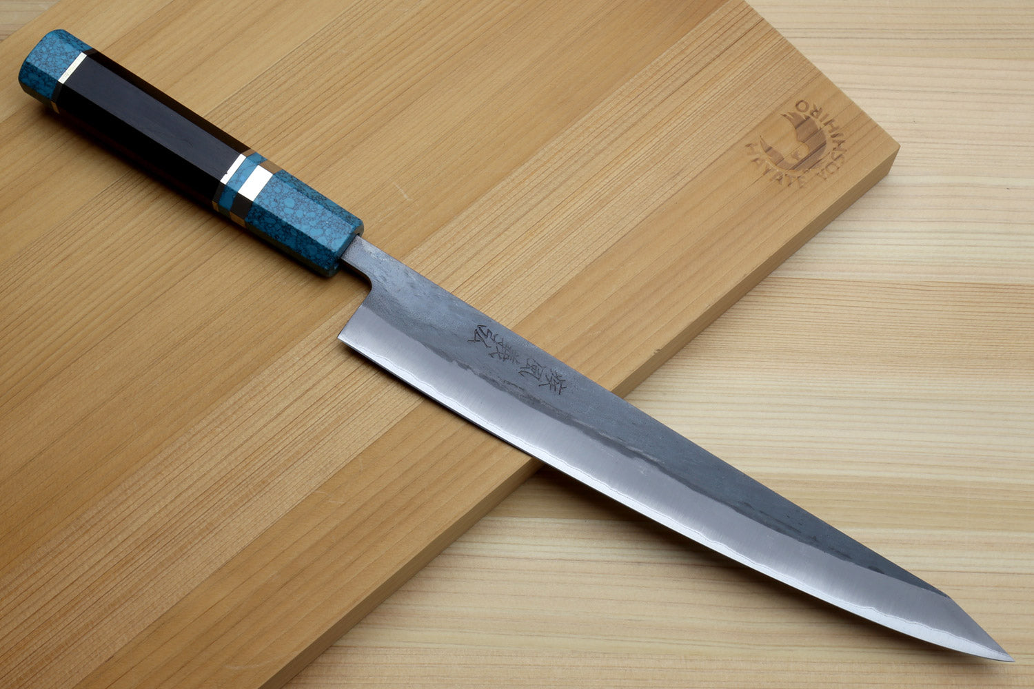 Yoshihiro Kurouchi Black-Forged Blue Steel Stainless Clad Sujihiki Kiritsuke Slicer Knife (Turquoise Blue Handle) — 9.5" (240mm)