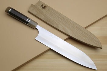 Yoshihiro Hayate gyuto chef's knife with polished blade, ebony handle and wooden sheath