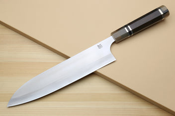 Yoshihiro Hayate gyuto chef's knife with long polished blade and triple-ring ebony handle