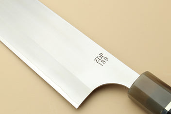 Yoshihiro Hayate knife blade close-up showing ZDP-189 marking and polished finish