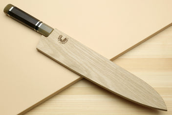 Yoshihiro Hayate gyuto knife with fitted wooden sheath and ebony triple-ring handle