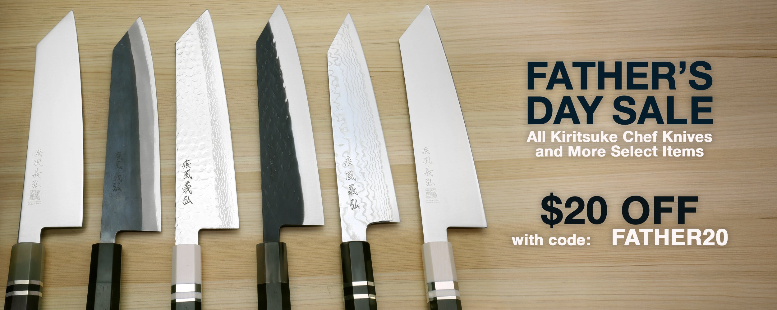 Set of Kiritsuke chef knives on a beige wooden cutting board with Father's Day sale text.