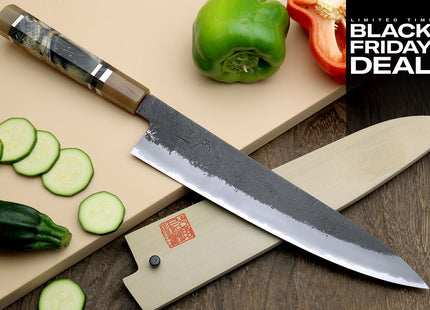 (BF Sale) Hayate Hinoura Kurouchi Black-Forged Blue Steel Stainless Clad Gyuto Chefs Knife (Blade Length 8.25" (210mm))