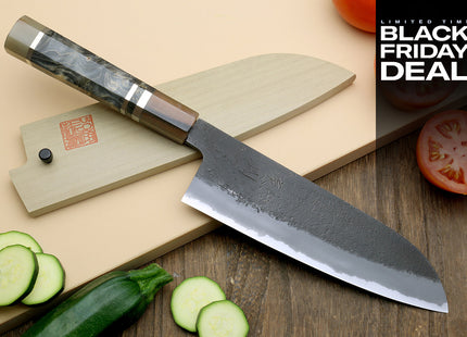 (BF Sale) Hayate Hinoura Kurouchi Black-Forged Blue Steel Stainless Clad Santoku Multipurpose Knife (Blade Length 7" (180mm))
