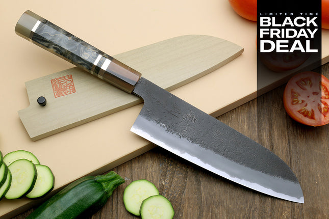 (BF Sale) Hayate Hinoura Kurouchi Black-Forged Blue Steel Stainless Clad Santoku Multipurpose Knife (Blade Length 7" (180mm))