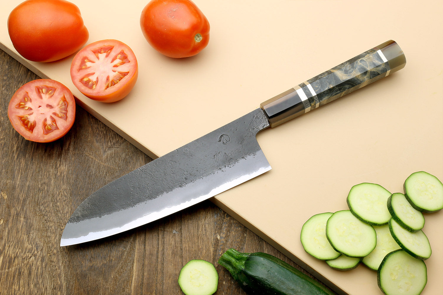 Hayate Hinoura Kurouchi Black-Forged Blue Steel Stainless Clad Santoku Multipurpose Knife