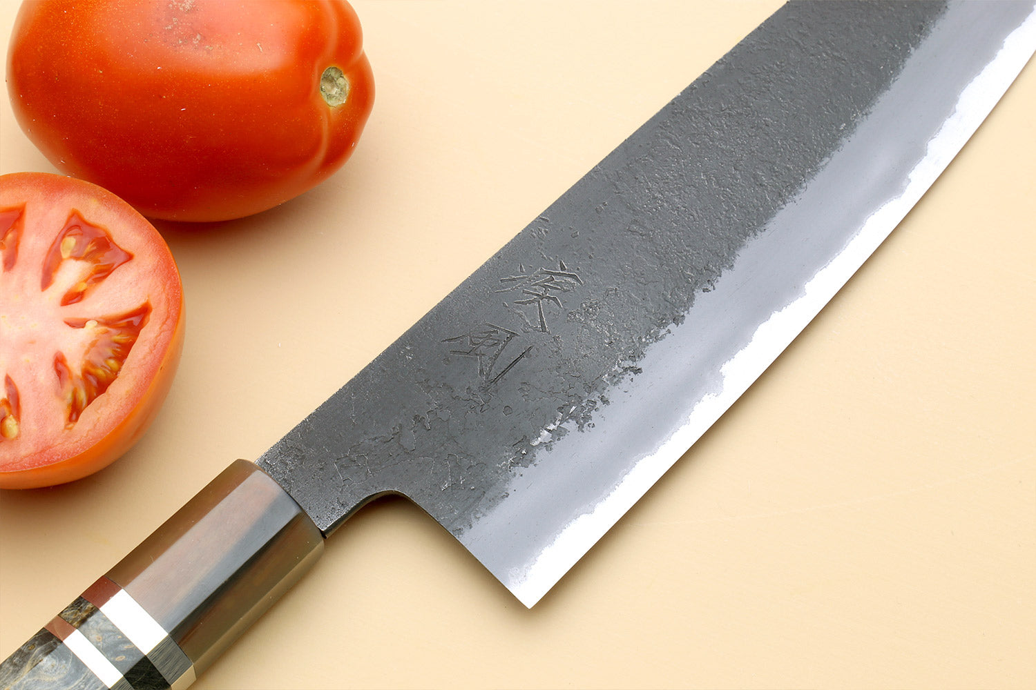 Hayate Hinoura Kurouchi Black-Forged Blue Steel Stainless Clad Santoku Multipurpose Knife