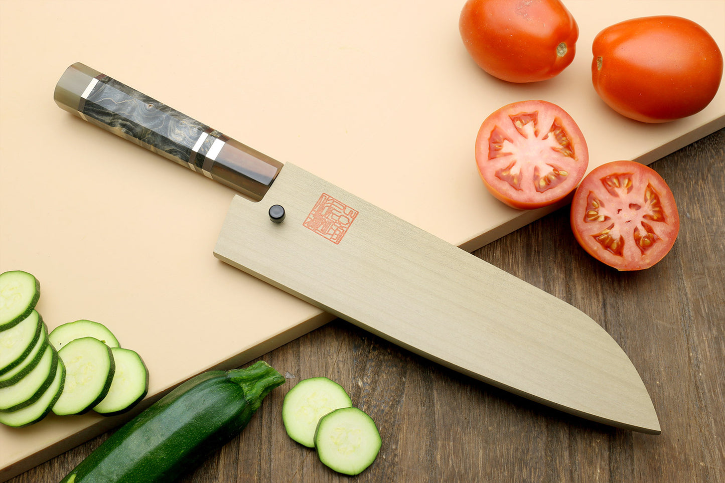 Hayate Hinoura Kurouchi Black-Forged Blue Steel Stainless Clad Santoku Multipurpose Knife