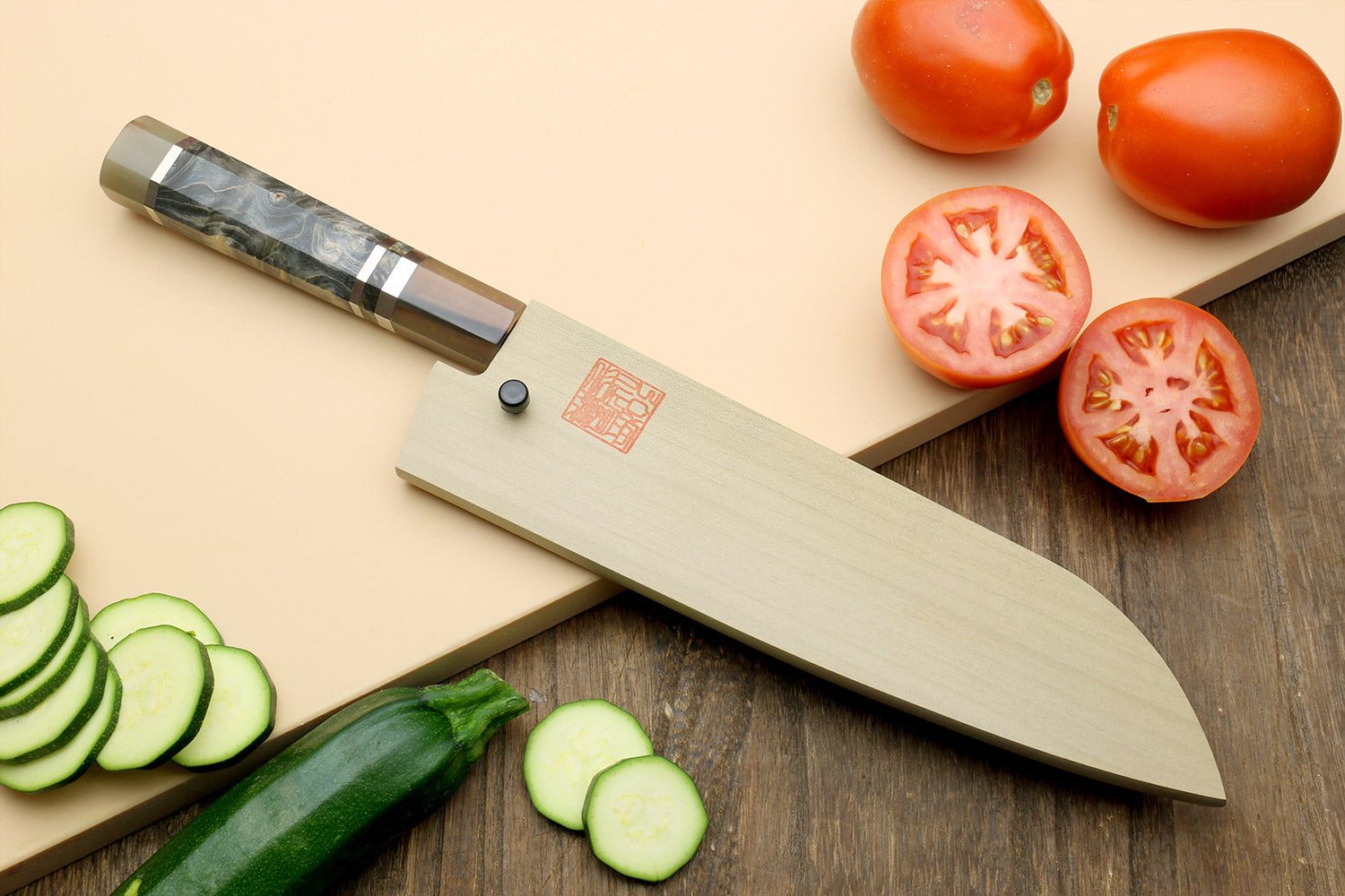 Hayate Hinoura Kurouchi Black-Forged Blue Steel Stainless Clad Santoku Multipurpose Knife