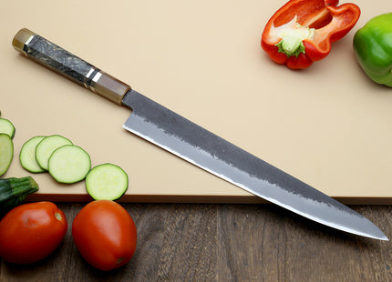 Hayate Hinoura Kurouchi Black-Forged Blue Steel Stainless Clad Sujihiki Slicer Knife