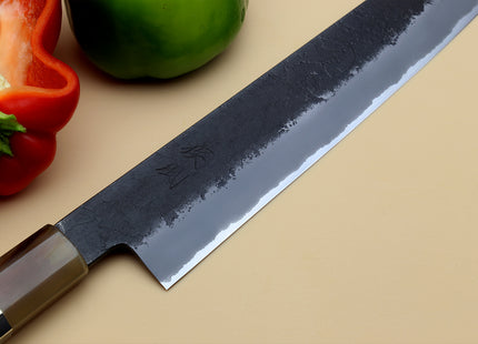 Hayate Hinoura Kurouchi Black-Forged Blue Steel Stainless Clad Sujihiki Slicer Knife