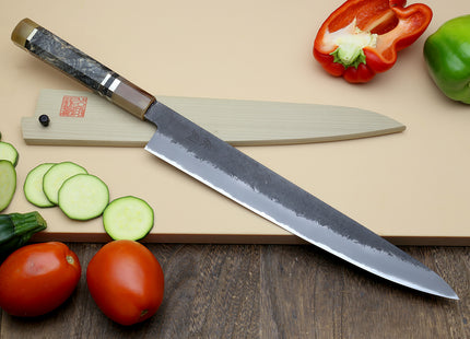 Hayate Hinoura Kurouchi Black-Forged Blue Steel Stainless Clad Sujihiki Slicer Knife