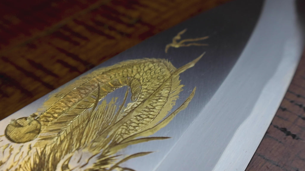 Yoshihiro Hongasumi White Steel Deba Fish Fillet Knife — Hand-Etched Gold 'FIVE-STORY PAGODA', Limited Edition, 300mm (Magnolia Handle)