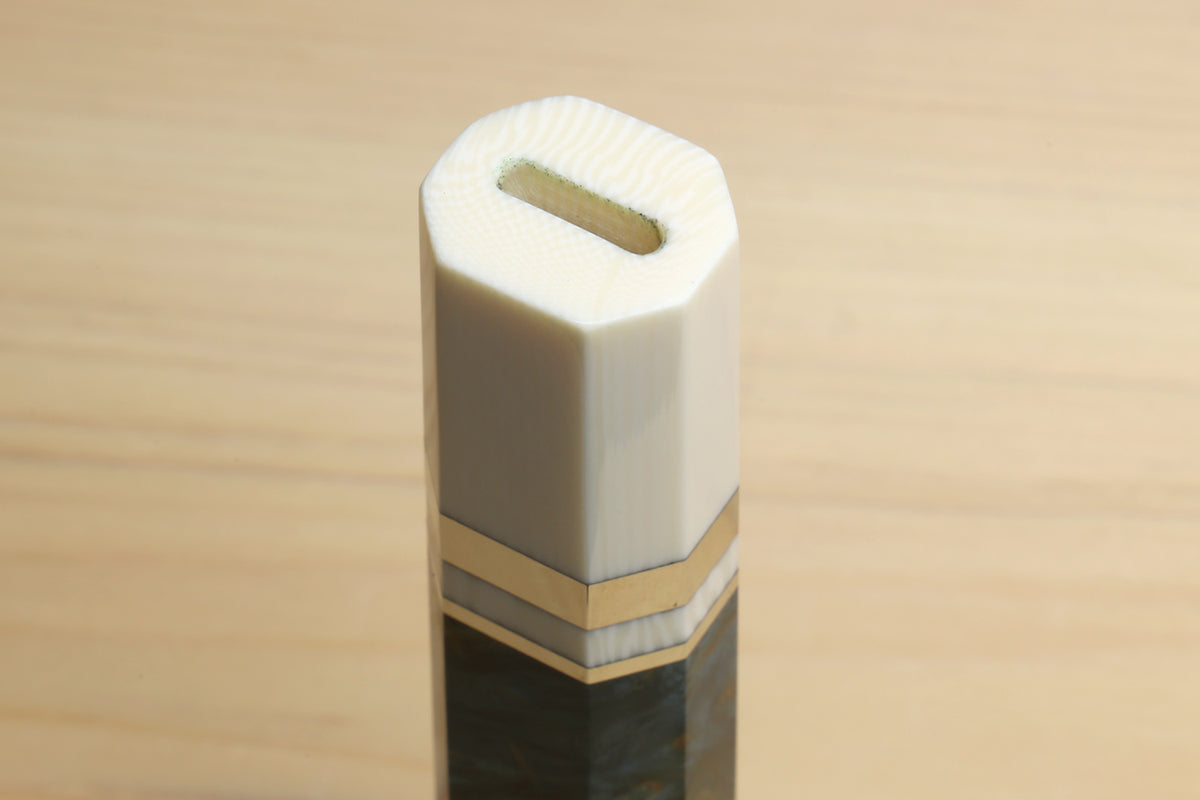 Chef knife handle end cap with oval slot, ocean blue liner and ivory bolster, for Gyuto knives