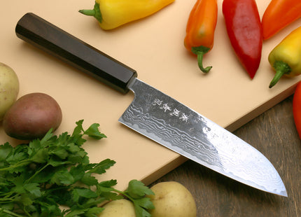 Yoshihiro 440C Stainless Steel 16 Layers Hammered Damascus Santoku Multipurpose Knife Shitan Handle