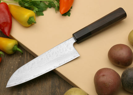 Yoshihiro 440C Stainless Steel 16 Layers Hammered Damascus Santoku Multipurpose Knife Shitan Handle