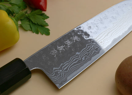 Yoshihiro 440C Stainless Steel 16 Layers Hammered Damascus Santoku Multipurpose Knife Shitan Handle