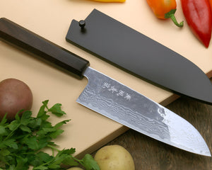 Yoshihiro 440C Stainless Steel 16 Layers Hammered Damascus Santoku Multipurpose Knife Shitan Handle