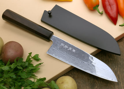 Yoshihiro 440C Stainless Steel 16 Layers Hammered Damascus Santoku Multipurpose Knife Shitan Handle